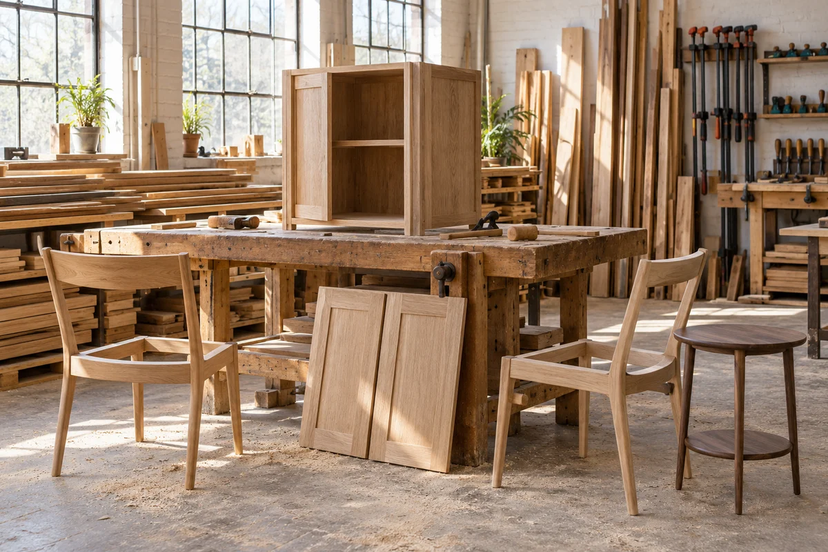 Oak furniture being assembled at a workbench in a woodworking workshop